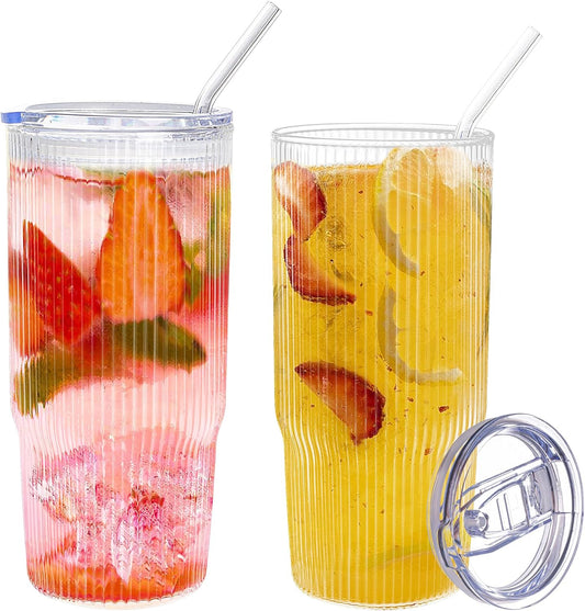 24oz Glass Tumblers with Lids and Straws 2PCS Ribbed Ice Coffee Glass Cups, Clear Thick Wall Water Iced Coffee Tumbler with Straw and Lid for Cold Beverages