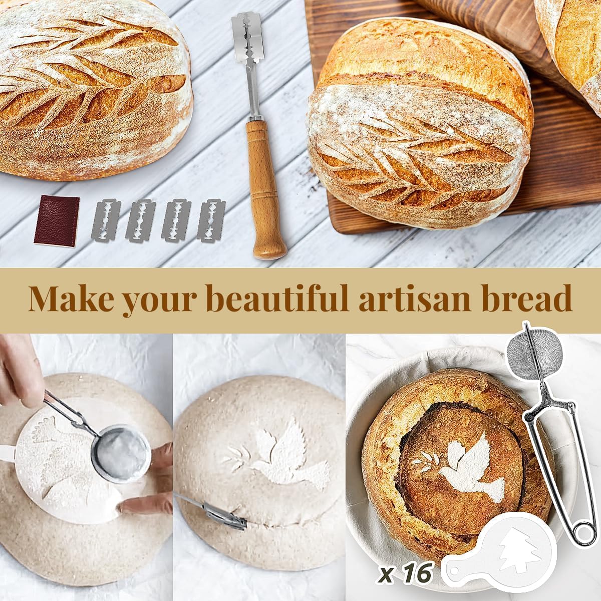 9 Inch Round Banneton Bread Proofing Basket Sourdough Starter Kit, Sourdough Bread Baking Supplies with Bread Lame, Sling, Spatula, Scraper, Dough Whisk
