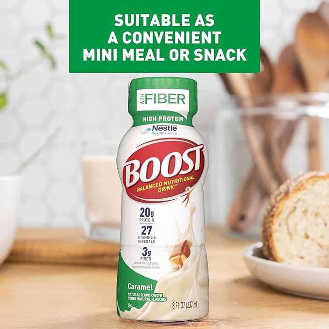 BOOST High Protein with Fiber Ready to Drink Complete Nutritional Drink, Caramel, 8 fl oz Bottle, 24 Pack