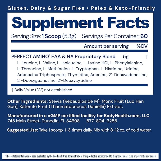 BodyHealth PerfectAmino Powder - BCAA and EAA Powder for Pre and Post Workout - Amino Acid Energy Drink for Men and Women to Support Lean Muscle and Recovery - Unflavored - 60 Servings