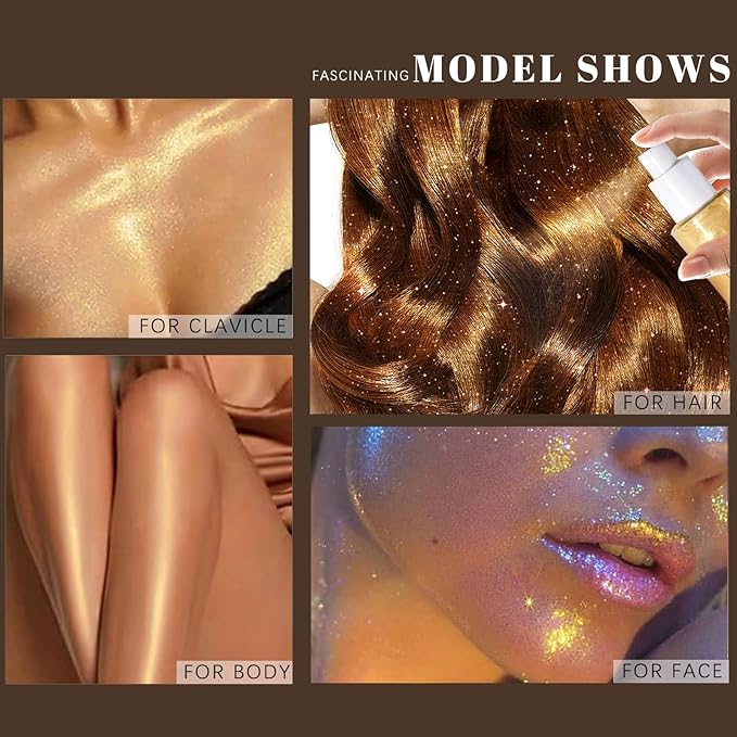 Body Glitter Spray, Moisturizing Bronze Body Shimmer Luminizer Glow Illuminator Quick-Drying and Non-Sticky Liquid Highlighter Spray for Face Hair Glitter, 60ML -Gold