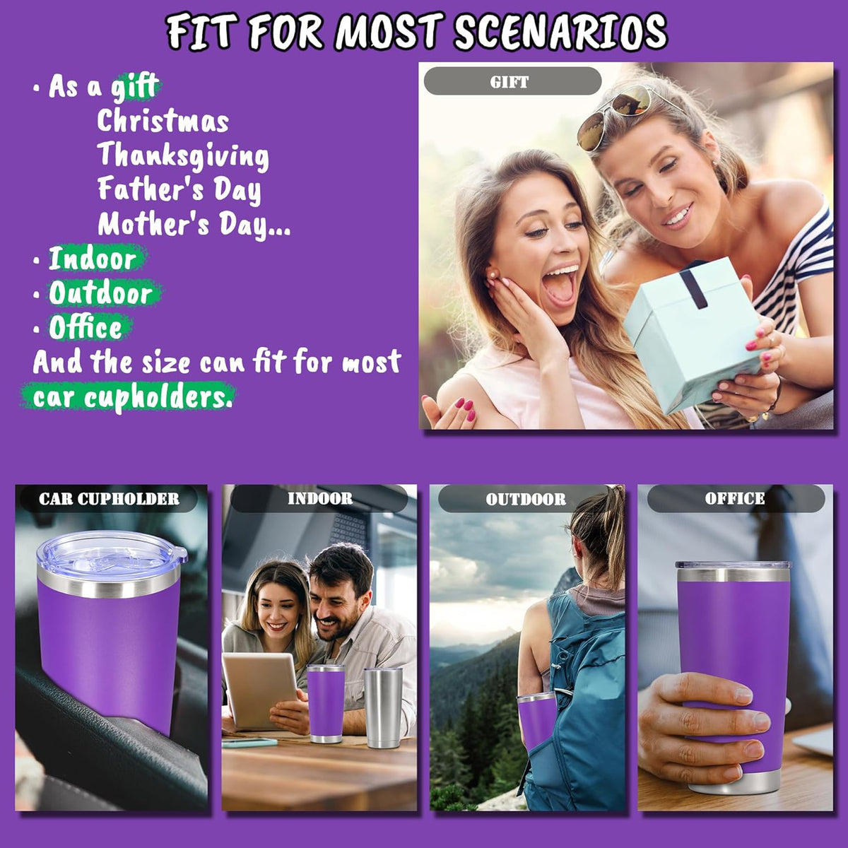 20 oz Tumbler with lid Double Wall Vacuum Insulated Tumblers Stainless Steel Coffee Mug Travel Coffee Tumbler Powder Coated Tumbler Cup Keep Hot&Cold - (PurPle 12 Pack)