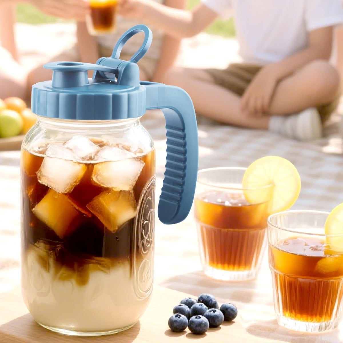 Mason Jar Pitcher With Stainless Steel Filter 64 OZ Wide Mouth Cold Brew Coffee Maker 2 Quart Glass water pitcher with lid Half Gallon Cold hot Tea maker For Lemonade Milk Juice Refrigerator