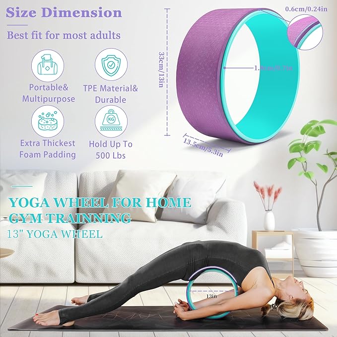 Yoga Wheel Set, Wheel Foam Roller for Back Pain & Stretching, Yoga Blocks 2 Pack with Strap, Trigger Point Therapy Massage Ball for Deep Tissue, 500lbs Capacity, Back Cracker Roller