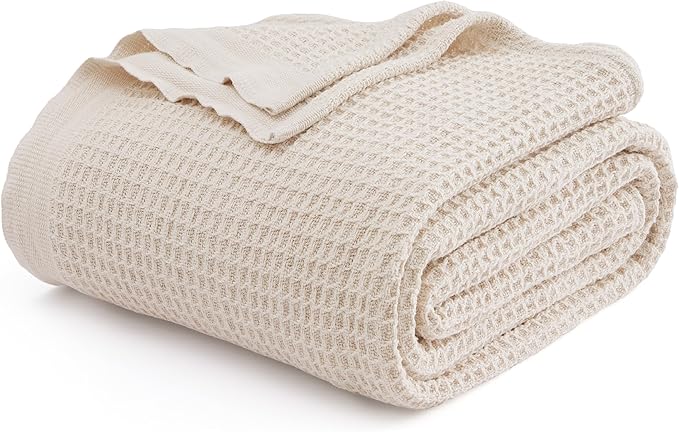 Bedsure 100% Cotton Blanket Queen Size for Bed - Breathable and Soft, Waffle Weave Blanket for Summer, Thick Cozy Fall Blankets for Women Gift, Khaki (a Little Bit Yellow), 90x90 Inches