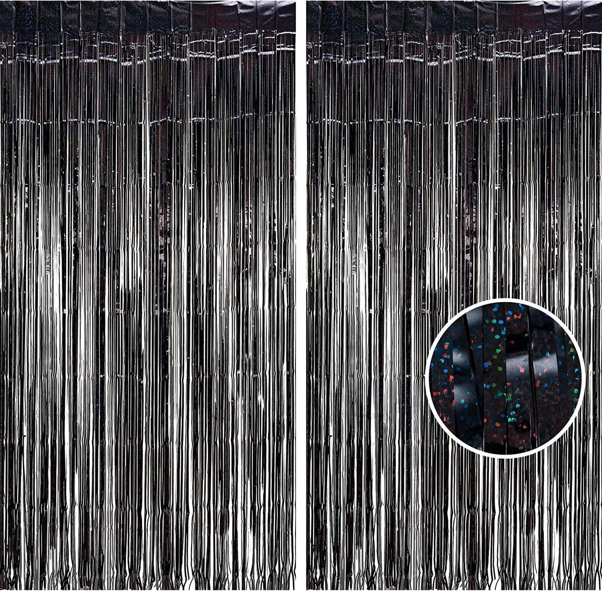 BRAVESHINE Black Halloweens Party Foil Fringe Curtains - 2 Pack Metallic Tinsel Photo Booth Streamers Backdrop for Birthdays, Stranger Theme, Music, Prom, Christmas Party Decorations