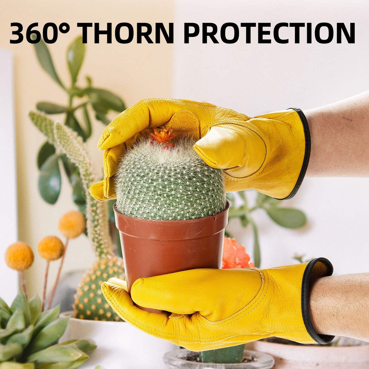Vgo... 1-Pair Unlined Cow Grain Leather Work and Driver Gloves with Cow Split Leather Palm Patch (Size L, Gold,CA9590)