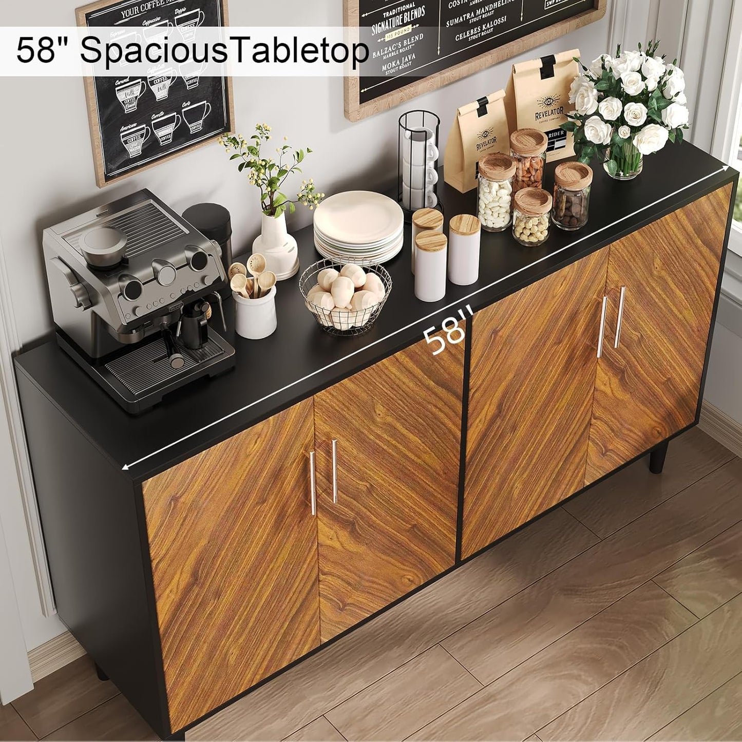 4 EVER WINNER 58" Coffee Bar Cabinet with Storage, Buffet Cabinet with 4 Large Doors, Storage Cabinet with Adjustable Shelves for Living Room, Kitchen, Black