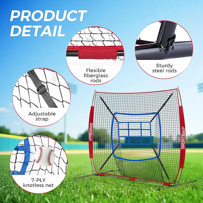 7x7 FT Baseball Net for Batting Pitching Hitting, with Strike Zone, Softball Net for Batting and Pitching, Baseball Practice Training Equipment for Kids Adult Youth