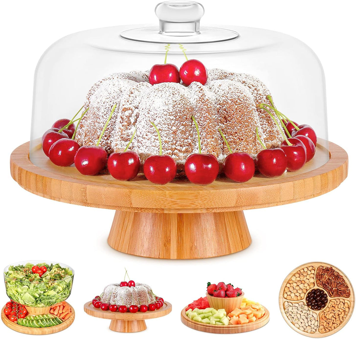 Homeries Bamboo Cake Stand with Lid, Cake Plate, (6 in 1) Multi-Functional Serving Platter, Large Cake Stand with Dome, Cake Display Stand with lid & Cake Dome - Use as Cake Holder, Cake Cover