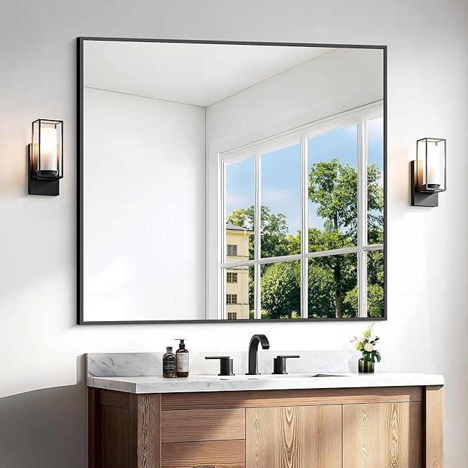 Bathroom Mirror,36x40 inch Wall Mirror for Bathroom Wall Mounted Black Rectangle Square Corner Mirrors, Black Bathroom Mirror for Living Room, Farmhouse, Bedroom Entryway, Horizontal/Vertical