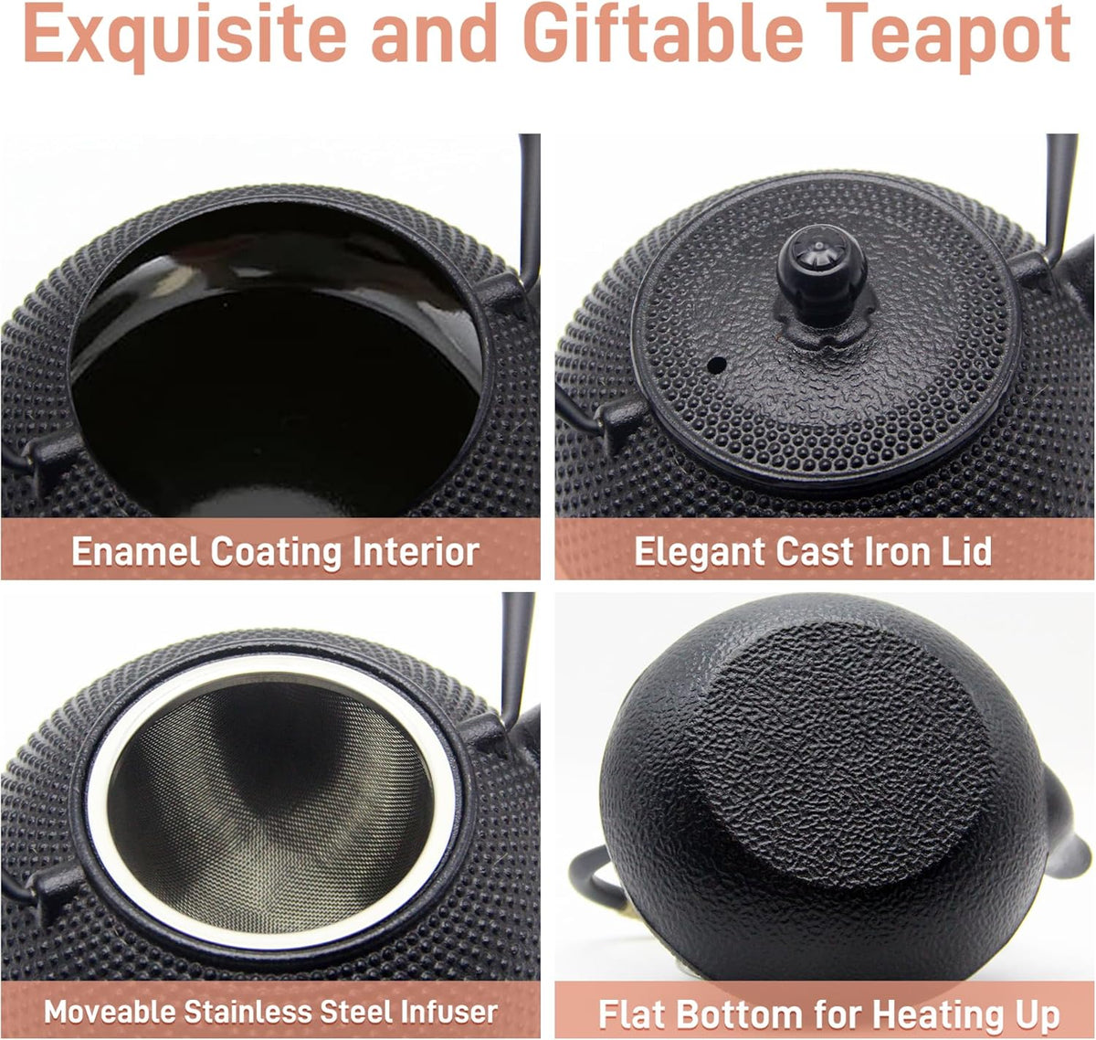 Japanese Tetsubin Cast Iron Teapot Tea Kettle pot with Stainless Steel Infuser for Stovetop Safe Coated with Enameled Interior (Black, 27.1oz)