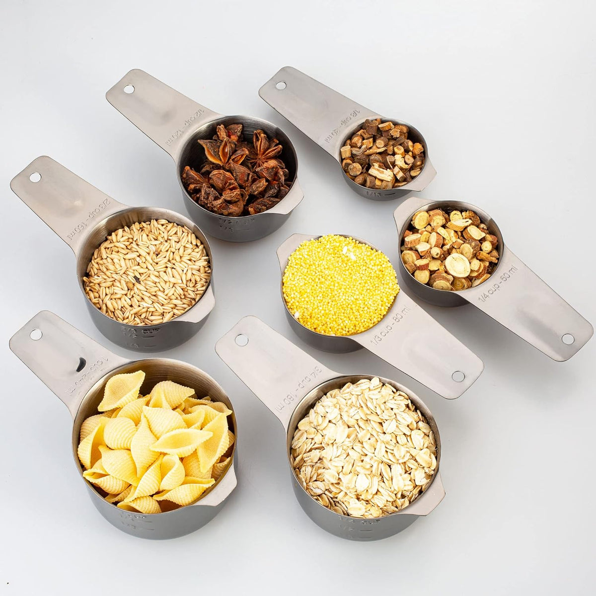 Set of 7 Heavy Duty Measuring Cups, 18/8 Stainless Steel with Ring Connector, Dark Grey