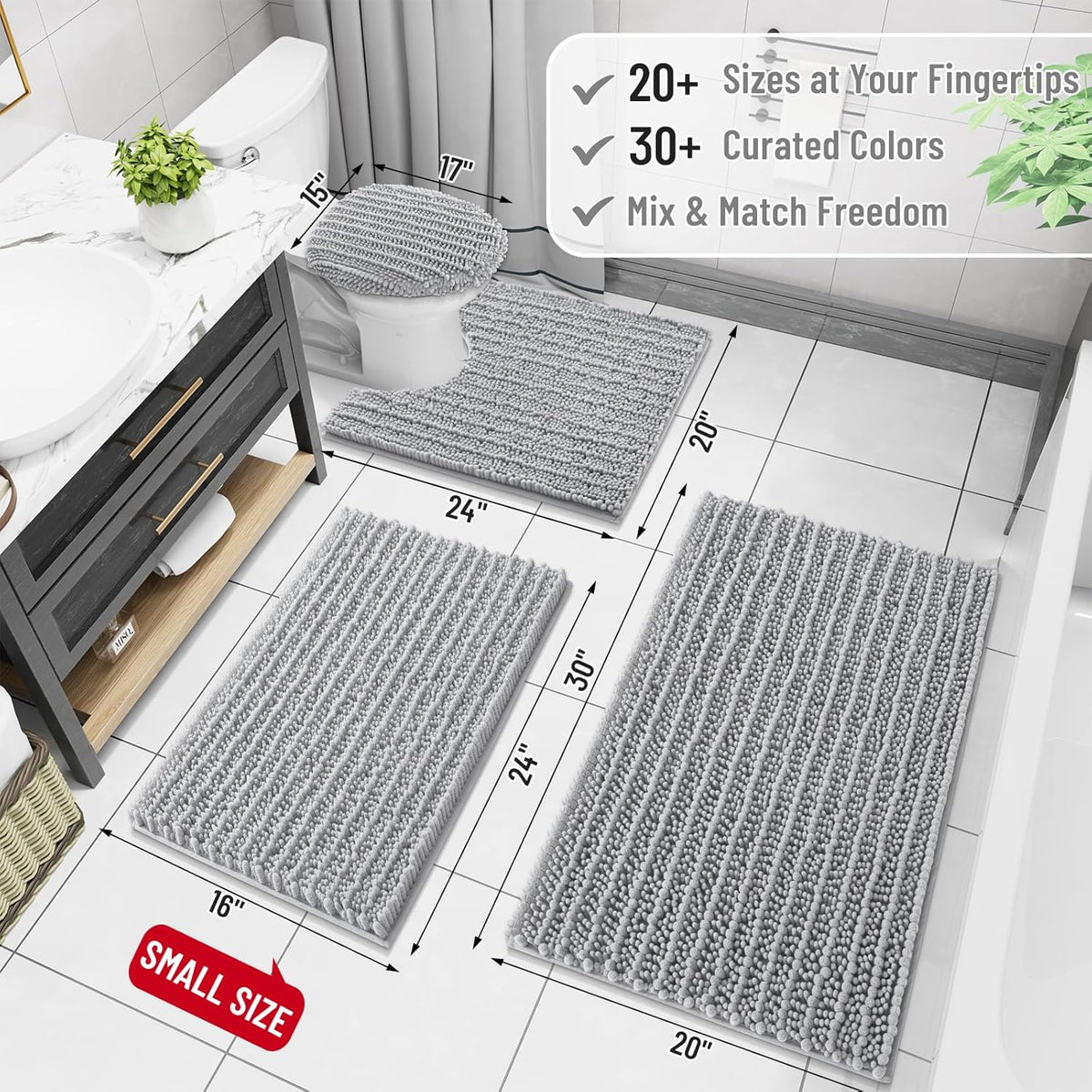 Arotive Luxury Chenille Bathroom Rug Mat, Extra Soft Thick Absorbent Shaggy Bath Rugs, Non-Slip Machine Wash Dry, Plush Bath Mats for Bathroom, Shower and Tub, 70x24, Light Grey