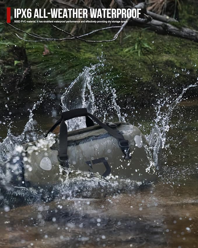 BORLENI Waterproof Motorcycle Dry Duffel Bag Luggage Tail Bag with Large Storage Space,Roll Top Closure, Shoulder Straps, Inner Pocket and Mesh Pocket for Motorcycling Travel Camping (Army Green,30L)