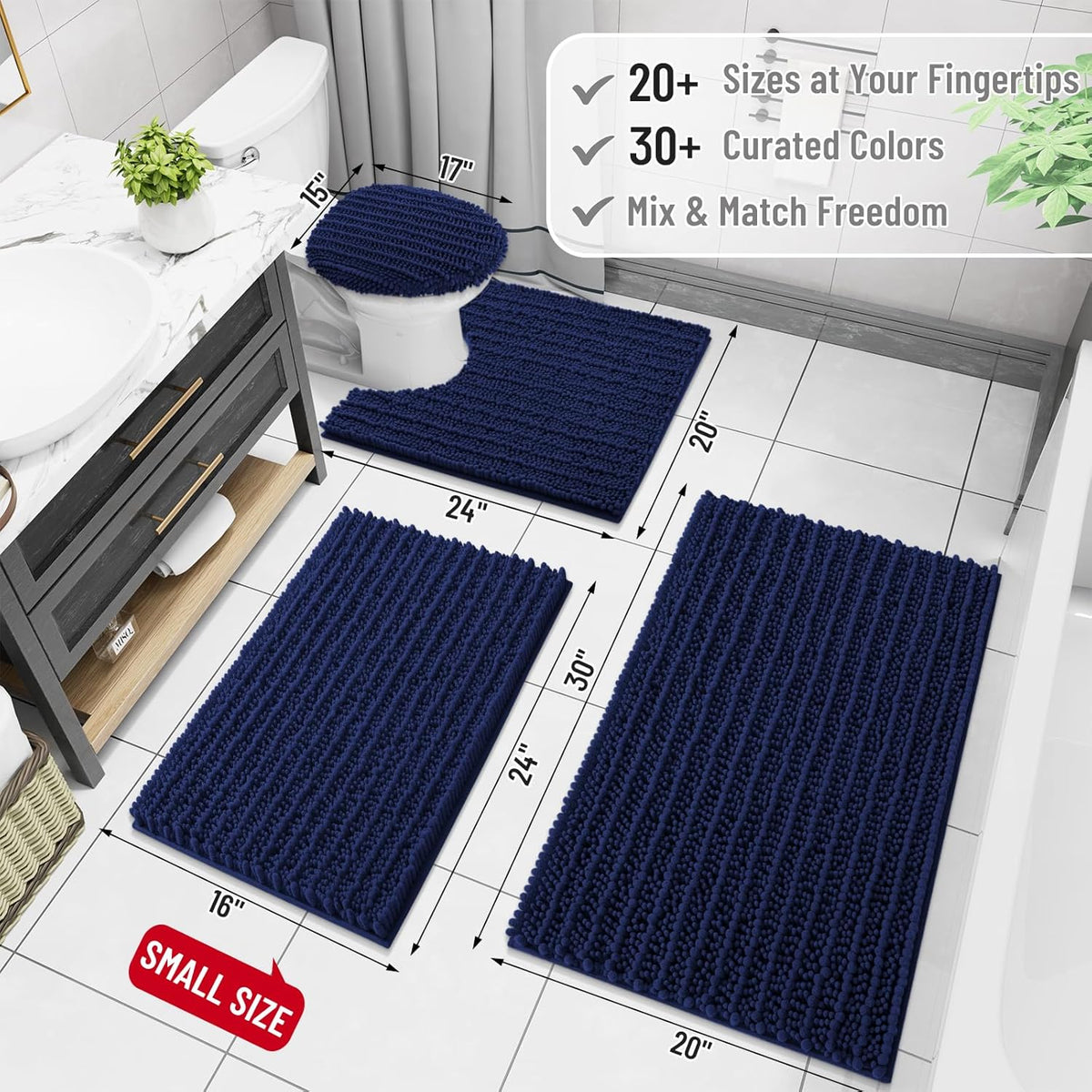 Arotive Luxury Chenille Bathroom Rug Mat, Extra Soft Thick Absorbent Shaggy Bath Rugs, Non-Slip Machine Wash Dry, Plush Bath Mats for Bathroom, Shower and Tub, 24x16, Navy