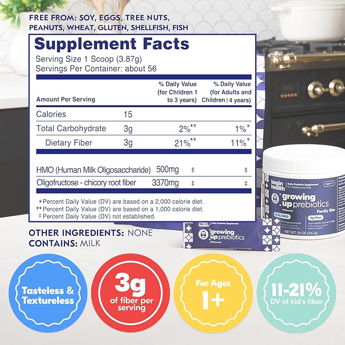 Begin Health Growing Up Prebiotics for Kids 56-Packs | Prebiotic Soluble Powder Stool Softeners and Digestive Gut Health Supplement | Ideal to Mix with Kids Daily Beverages and Soft Foods - Unflavored