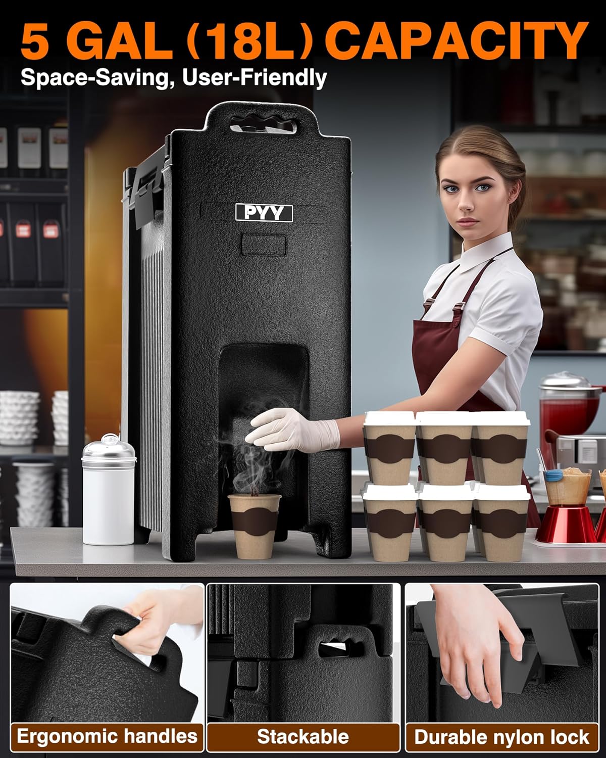 PYY Insulated Beverage Dispenser 5 Gallon - Hot and Cold Drink Container with Handles, Thermal Drink Dispenser Cooler Server carrier For Commercial Catering Black