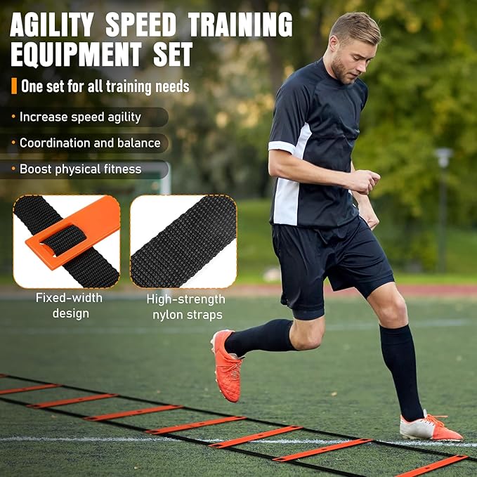Agility Ladder, Speed Training Equipment Set, 20ft Agility Ladder, 12 Soccer Cones, 4 Hurdles, Jump Rope, Running Parachute, Basketball Football Soccer Training Equipment for Kids, Youth, Adults