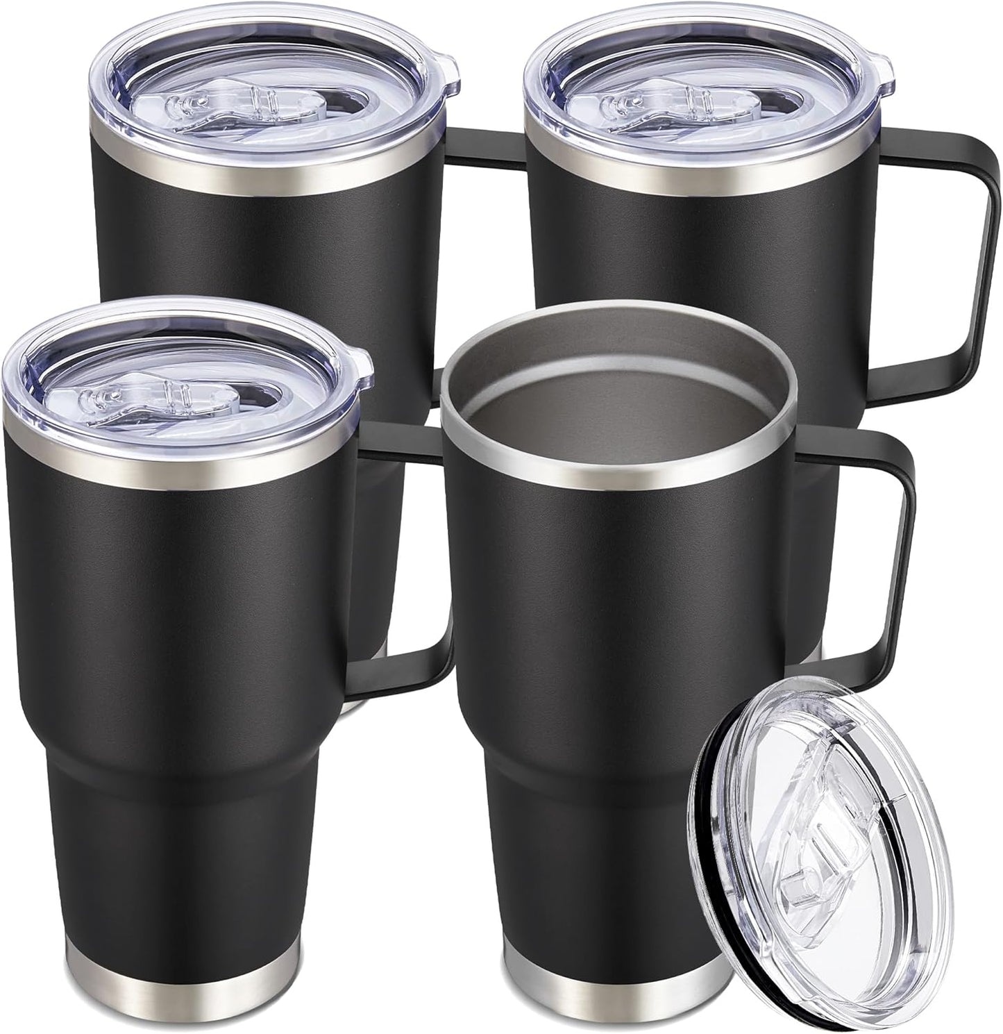 30 oz Tumbler with Handle and Lid, Stainless Steel Tumblers Bulk Double Wall Vacuum Insulated Travel Mug Leak Proof Cup Keep Drinks Cold and Hot Black, 4 Pack
