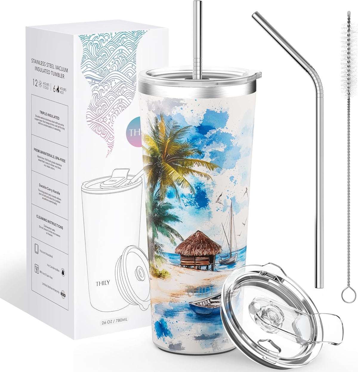 THILY Vacuum Insulated Stainless Steel Tumbler Travel Mug 26 oz Coffee Cup with 2 Lids and Straws, Splash Proof, Reusable, Keep Iced Drinks Cold, Coastal Breeze