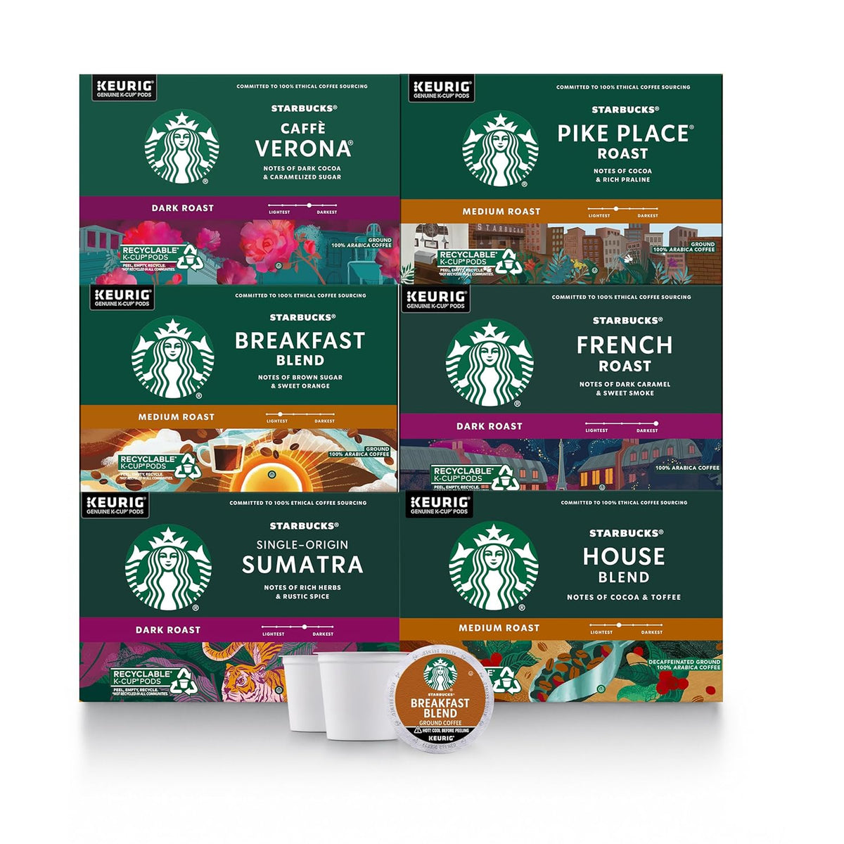 Starbucks K-Cup Coffee Pods, Medium And Dark Roast Coffee Variety Pack for Keurig Brewers, 100% Arabica, 6 Boxes (60 Pods Total)