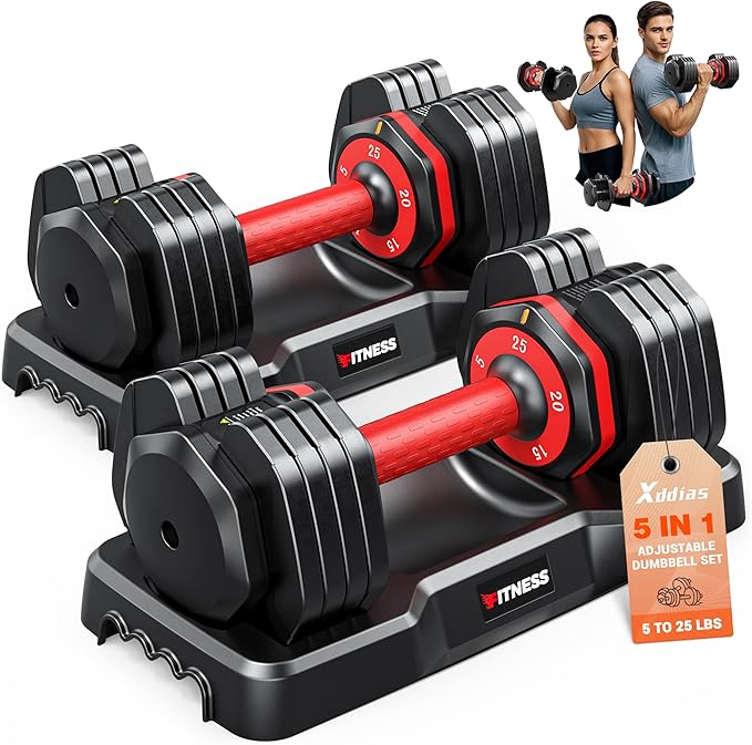 XDDIAS Adjustable Dumbbell Set of 2, 25/55/80LB Dumbbell Set-1Sec Adjustable Weights-5/10 in 1 Free Weights Dumbbells Set with Effortless Tray/No-Slip Handle-Compact Size for Women/Men at Home Gym