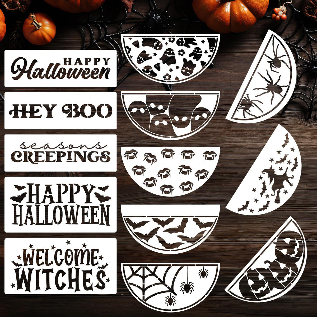 Halloween Stencils for Painting on Wood 12inch Large Halloween Stencil Hey Boo Witches Spider Bats Ghost Draw Templates for Porch Hanger Doormat Fabrics DIY Crafts Decor HW