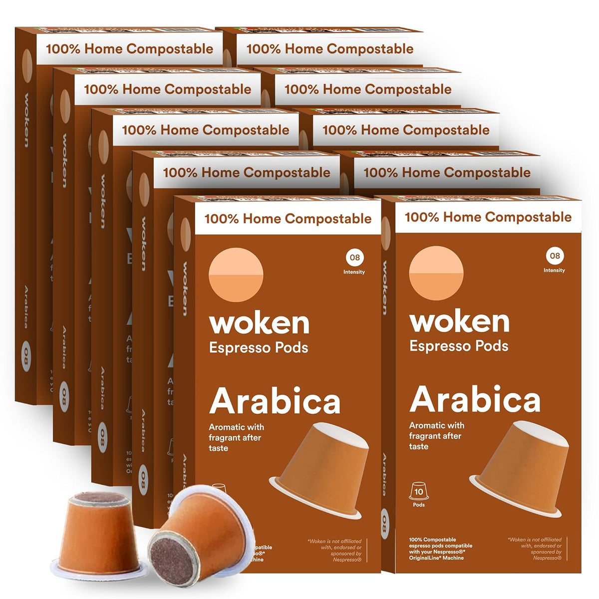 WOKEN COFFEE Compostable Nespresso Pods - Arabica Light Roast Italian Espresso Coffee Capsules Compatible With Nespresso Coffee Machine (100 Pod Count, 10 Boxes)