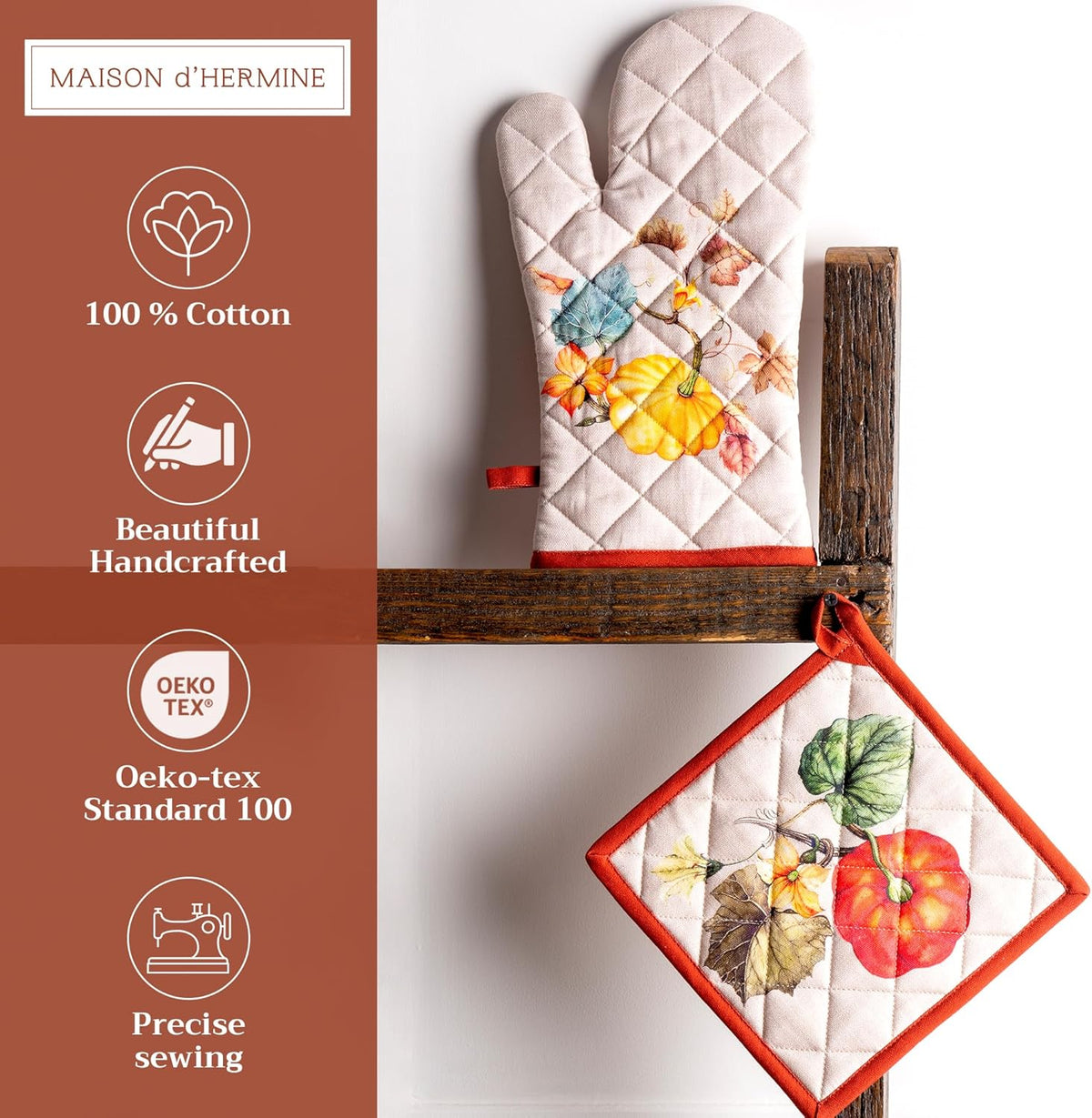 Maison d' Hermine 100% Cotton Oven Mitt & Pot Holder Set (7.5"x13" & 8"x8") Heat Resistant BBQ Cooking Gloves with Loop, Baking, Grilling, Kitchen, Handling Hot Pans (Potiron)