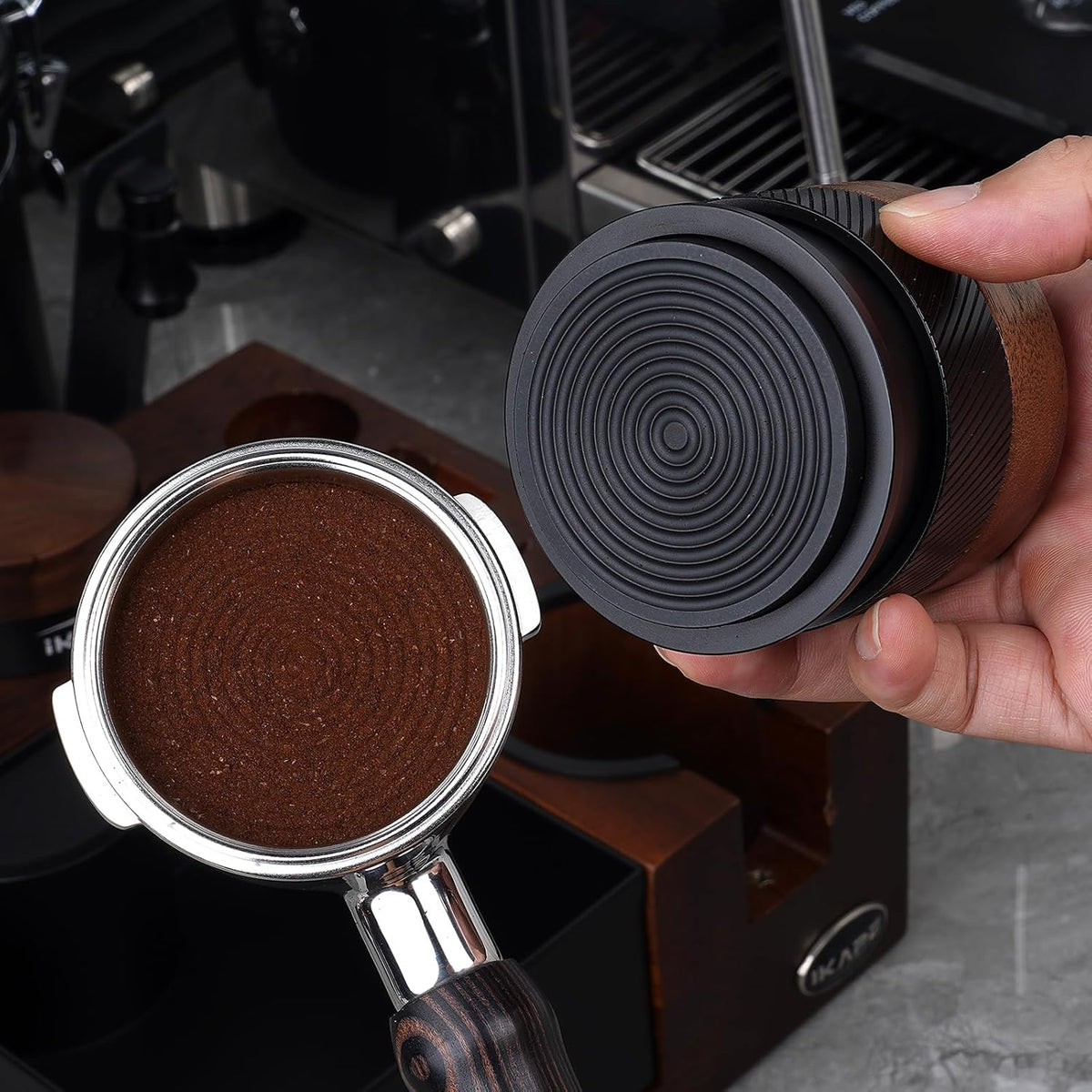 IKAPE 53MM Espresso Tamper, New Wooden Handle Design，Premium Barista Coffee Calibrated Tamper with Spring Loaded, 100% Stainless Steel Tamper Compatible with All 54MM Bottomless Portafilter