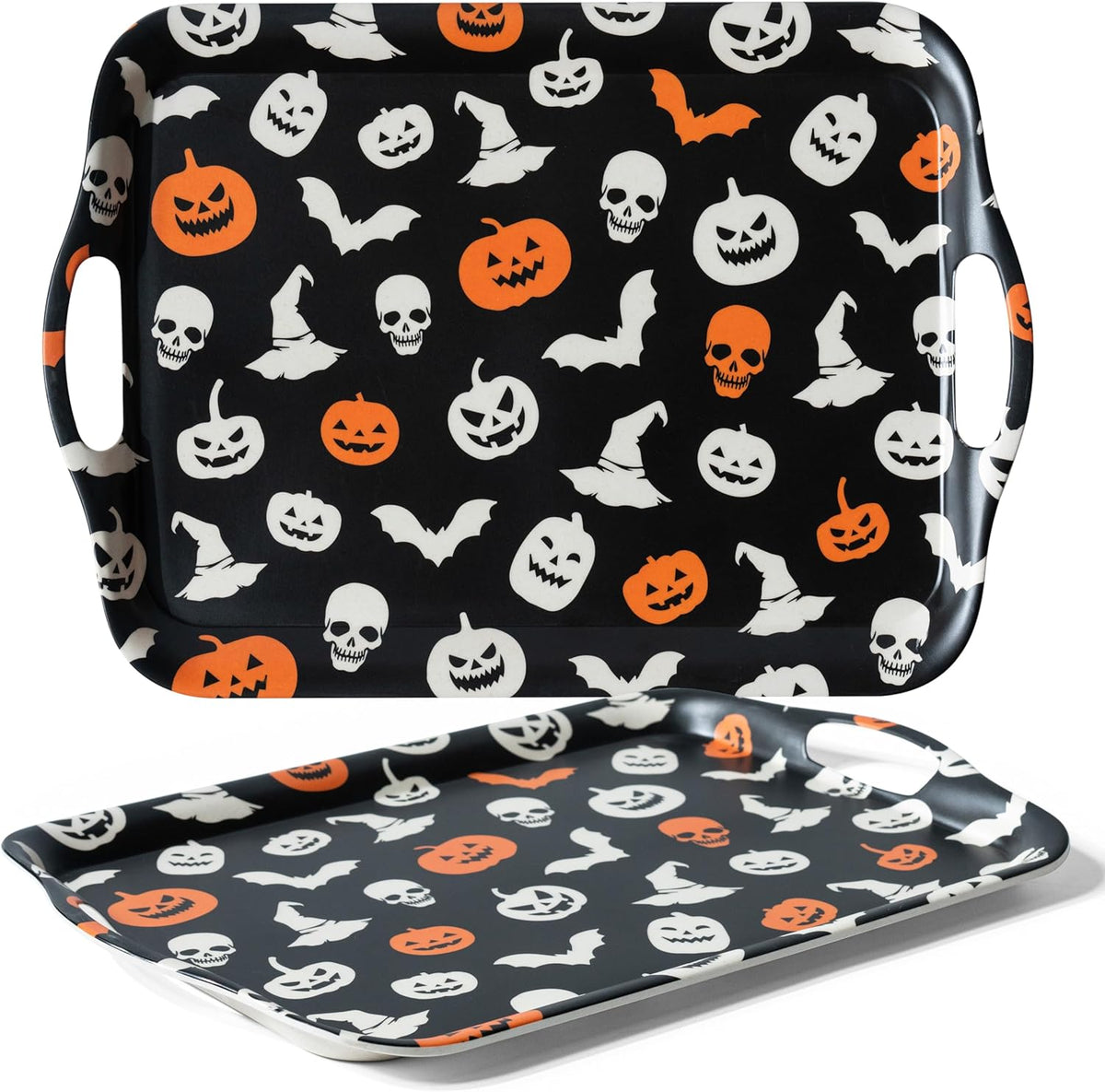 Oasis Choice 2-Pack Halloween Bamboo Fiber Serving Trays - 18x13 Inch Large Platters w/Handles for Horror Party, Birthday,BBQ, Buffet - Pumpkin, Bat & Skeleton Decor (Spooky Black, 18inch)