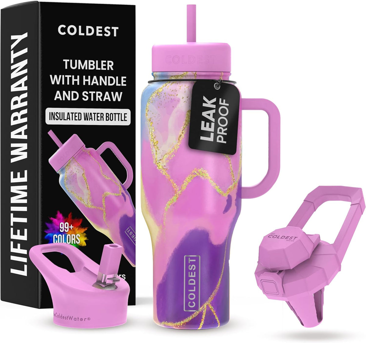 Coldest 40 oz Tumbler with Handle and Straw - 100% Leak Proof Insulated Tumbler with Lid and Straw (3 Lids) - Stainless Steel Tumblers for Women & Men - Cup Holder Friendly Base, 36 oz (Princess Luna)
