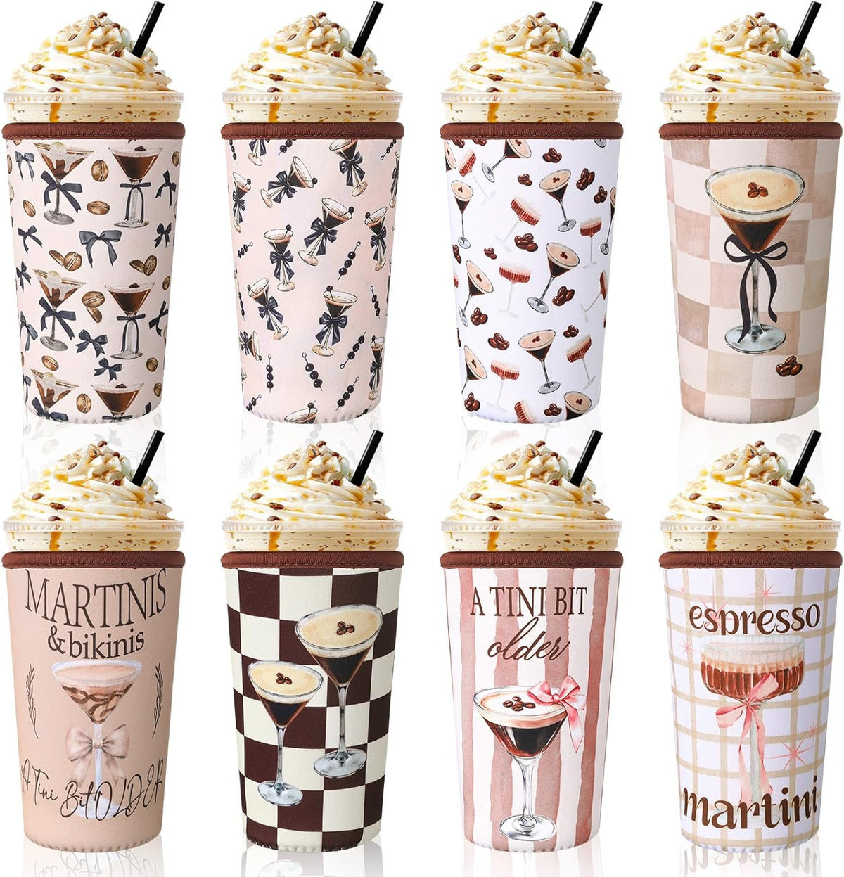 8 Pcs Reusable Sleeves for Iced Coffee Cup Pink Bow Cup Coolie Espresso Martini Reusable Coffee Insulator Sleeves Neoprene Insulated Holder for Iced & Hot Drinks, 22-24 oz