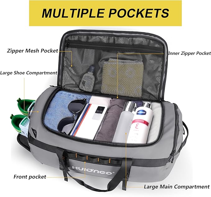 40L/60L/90L Large Waterproof Duffle Bag Backpack for Men, Mens Duffel Backpack Bags for Traveling, Heavy Duty (Grey, 90L)