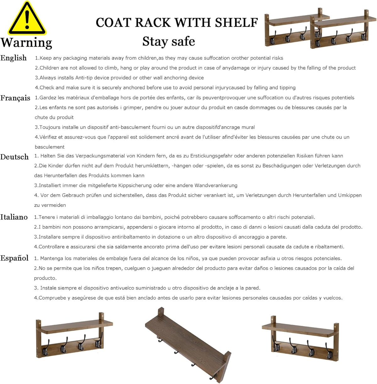 Coat Rack with Shelf Wall Mount, Entryway Bamboo Hanging Shelf, Set of 2, Wall Hook Rail for Hallway Décor, Storage Clothe, Hat, Robe, Key, Dog Leash (Walnut)
