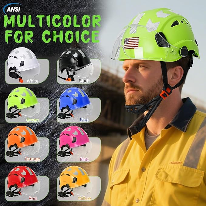 AOLAMEGS Construction Safety Hard Hat - ANSI Z89.1 Type Ι OSHA Approved Safety Helmets with Chin Straps Lightweight Reflective Vented ABS Hard Hats For Men Women Industrial Workwear 6-point Suspension
