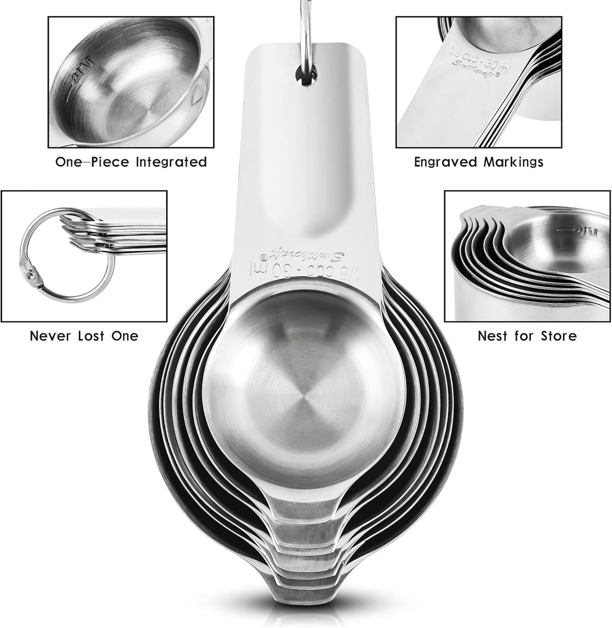 Smithcraft Measuring Cups Set, Stainless Steel Measuring Cup Set 7, 18/8 Stainless Steel Measuring Cups for Kitchen, Metal Meausing Cups for Baking, Dry Nesting Measuring Tools-3/4, 2/3 Measure Cup