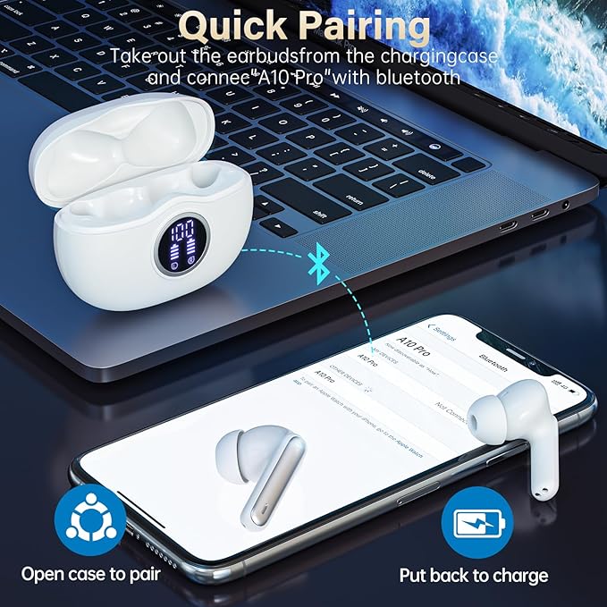 A10 Pro Wireless Earbuds, Bluetooth 5.3 Headphones HiFi Stereo 50H Playback LED Digital Display Ear Buds with ENC Noise Canceling Headset, IPX7 Waterproof Earphones for Gym/Running/Work