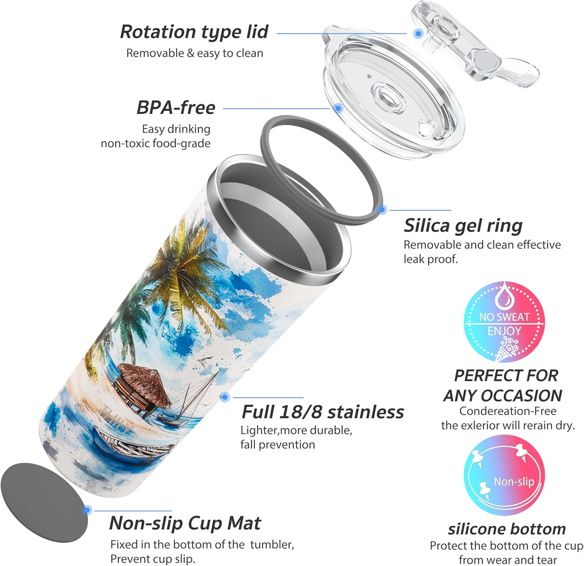 THILY Vacuum Insulated Stainless Steel Tumbler Travel Mug 26 oz Coffee Cup with 2 Lids and Straws, Splash Proof, Reusable, Keep Iced Drinks Cold, Coastal Breeze