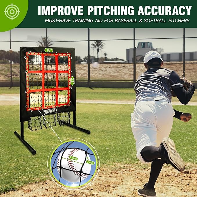 9 Hole Pitching Net, Heavy-Duty Baseball Net with Strike Zone for Pitching and Hitting, Height Adjustable Training Equipment with 9 Pocket Pitching Target for Baseball & Softball Practice