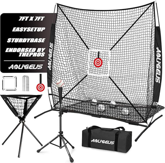 6'X6' Baseball Softball Practice Net with Batting Tee and Ball Caddy, Bonus Strike Zone Target and Bow Frame, for Hitting, Pitching, Catching