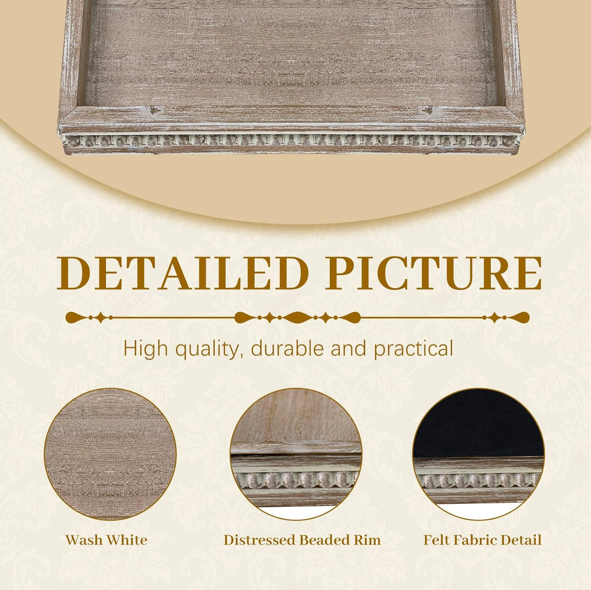 MAONAME Wood Serving Tray, Farmhouse Wooden Tray for Coffee Table, Rustic Square Trays with Beads, Washed White Decorative Trays for Living Room, Kitchen, 12" X 12" X 1.6"