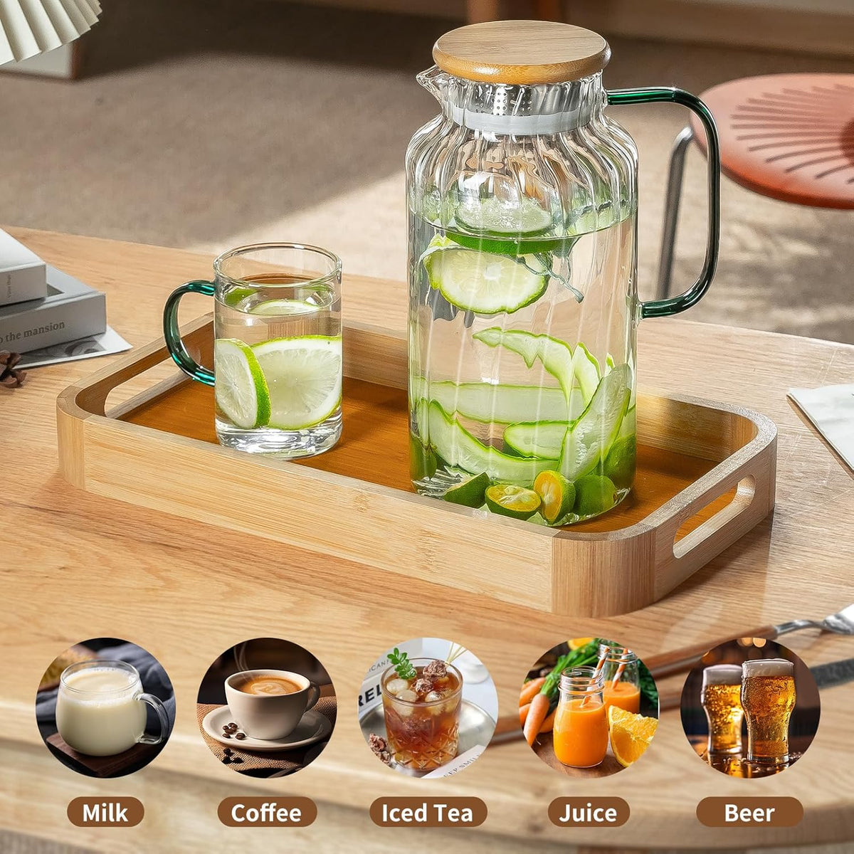 2 PACK Glass Pitcher with Lid, 68 oz/ 2 Liter Classic Vertical Stripes Water Pitcher with Bamboo Lids,Glass Water Carafe for Cold Brew, Coffee, Lemonade, Iced Sun Tea,Beverage,Milk