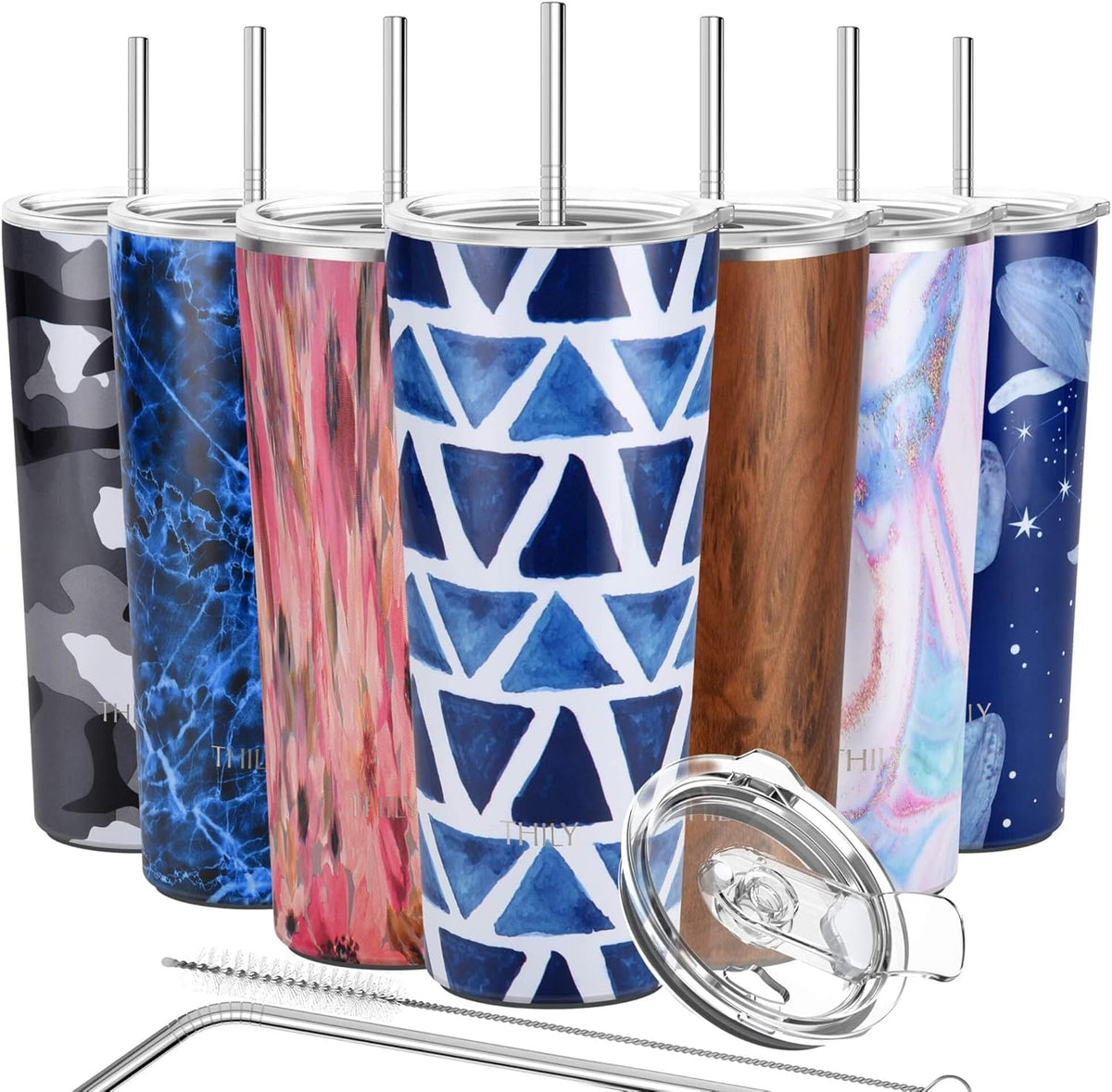 THILY Tumbler Stainless Steel Coffee Cup 26 oz Triple-Insulated Travel Mug with Splash-Proof Lid, for Iced Drinks and Hot Beverage Smoothies Cup, Blue Triangle