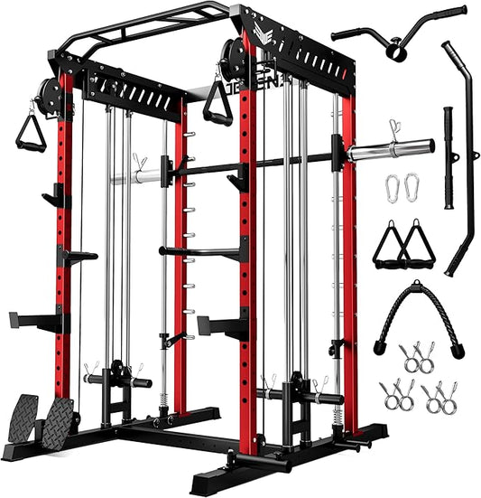 M21 Smith Machine, Multi-Function Power Cage with Dual Pulley Cable Crossover System, 2000LBS All-in-One Squat Rack with Smith Bar and Attachments