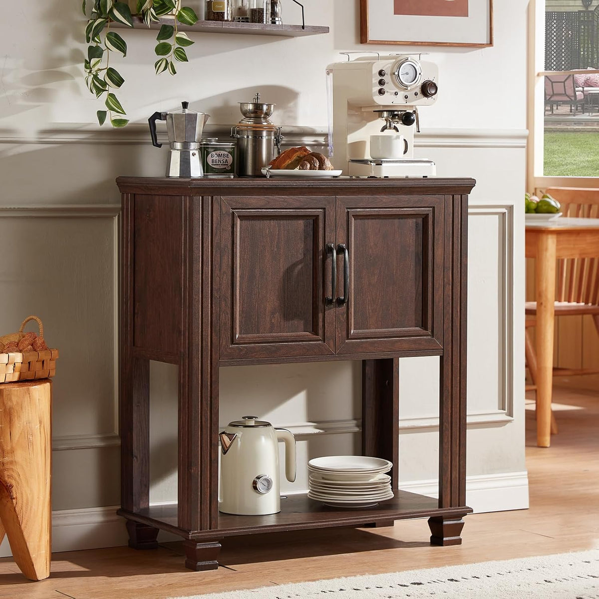 Farmhouse Kitchen Cabinet with 2-Door, Small Sideboard Buffet Cabinet with Open Shelf, Coffee Bar Station with Storage for Kitchen, Dining Room, Walnut