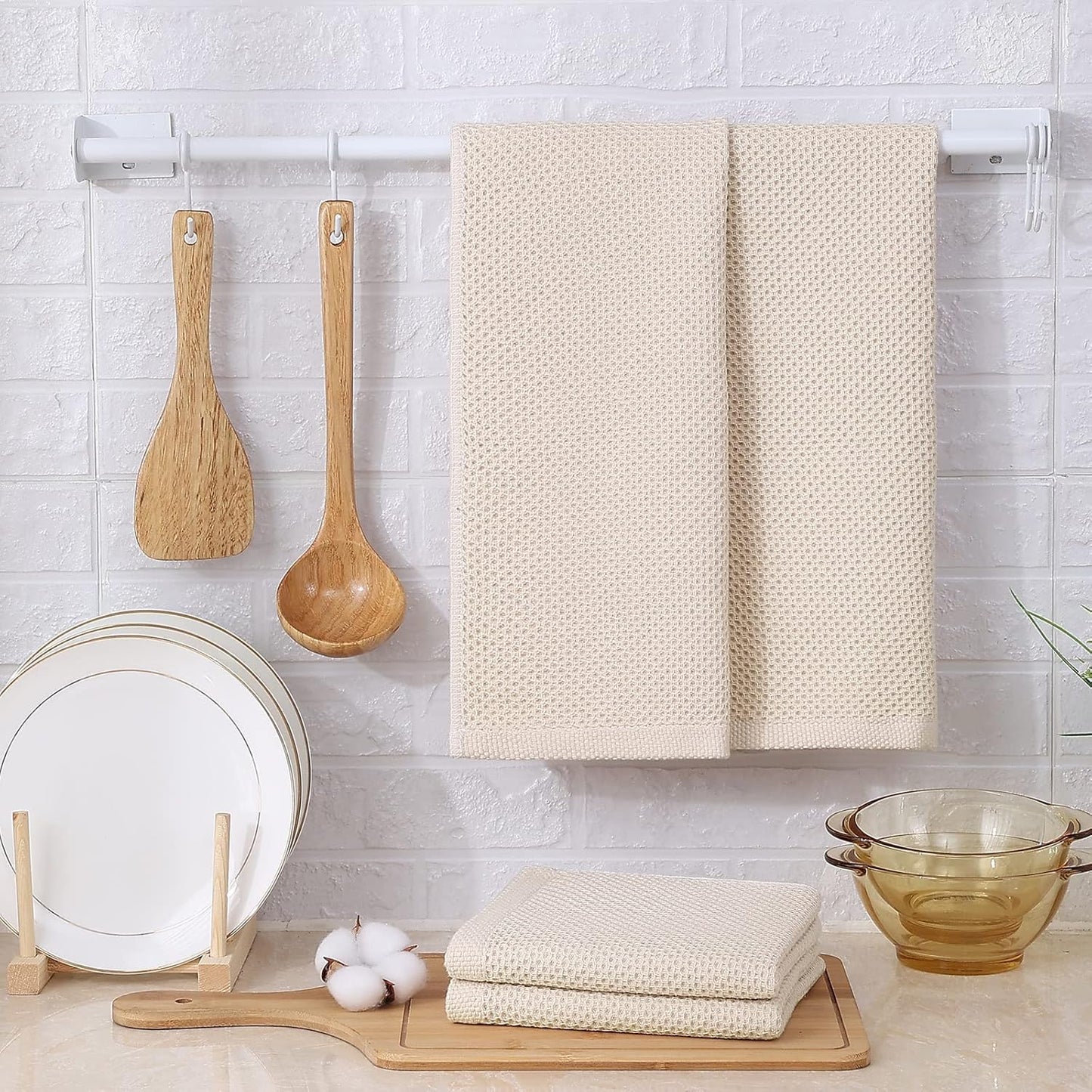 Kitinjoy 100% Cotton Waffle Weave Kitchen Towels, 8-Pack Super Soft and Absorbent Dish Towels for Drying Dishes, Kitchen Hand Towels, 13 in x 28 in, Beige