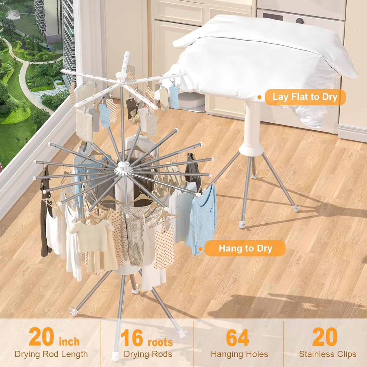 4-Legged Clothes Drying Rack Foldable, Double Dryer Rack with 20 Clips, Outdoor Laundry Drying Rack with 4 Pulleys, Collapsible Drying Rack Clothing, Aluminum Hanging Dry Rack for Clothes,Socks,Towel