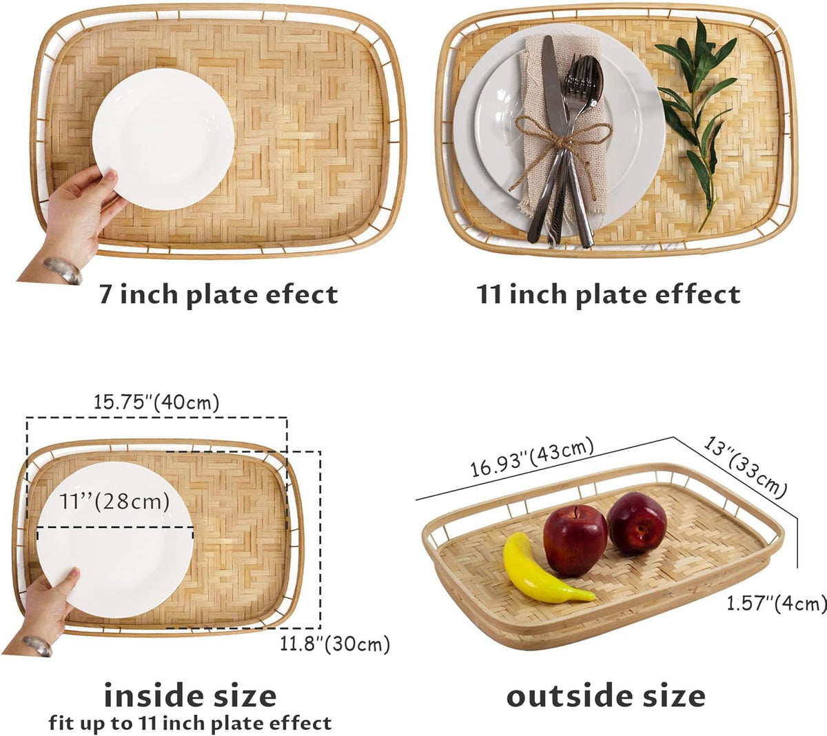 PEMAR Set of 6 Bamboo Wicker Serving Trays for Foods and Drinks, Rectangular Lap Trays for Breakfast. Decorative Bamboo Wood Basket Platters for Coffee Table, Picnic, Bed Eating